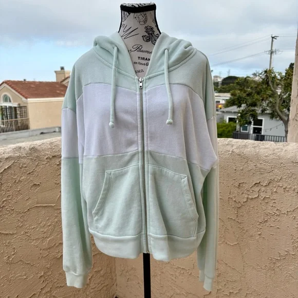Wildfox Essentials mint green white blocked marquis zip hoodie sweater S small - Picture 3 of 12